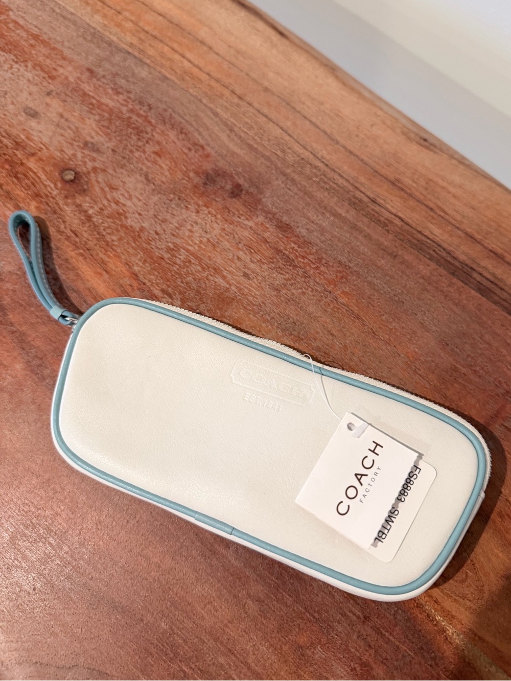Rare COACH Y2K White Leather Phone Pouch with Light Blue Trim
